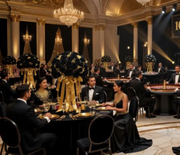 Jubileuszowa Black & Gold Gala z elegancką sceną, złoto-czarnymi dekoracjami i oświetleniem scenicznym.
