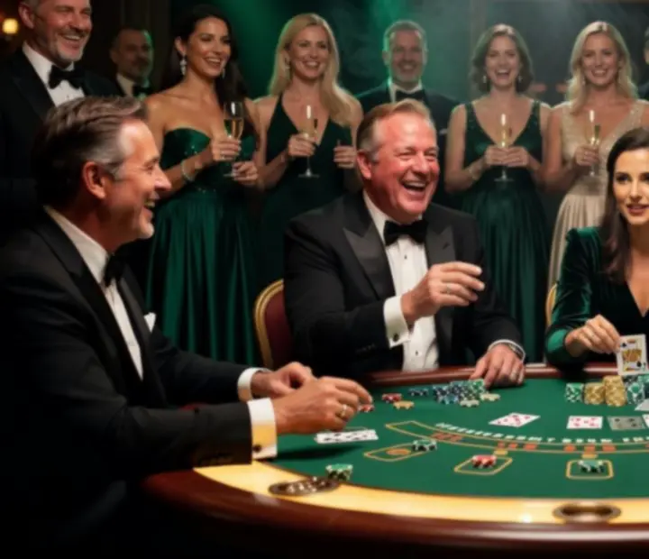 Dynamiczna scena z rozgrywki blackjacka podczas eleganckiego wieczornego eventu