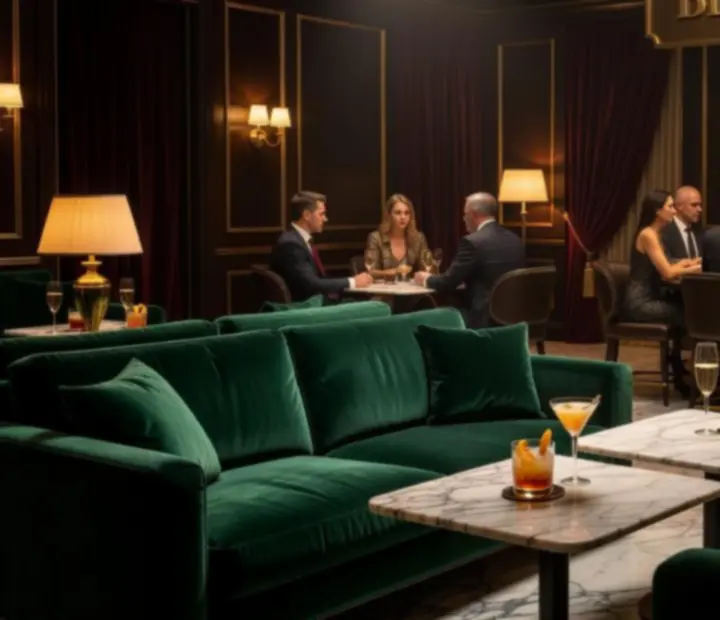 Lounge'owa strefa blackjacka z welurowymi sofami i nastrojowym światłem