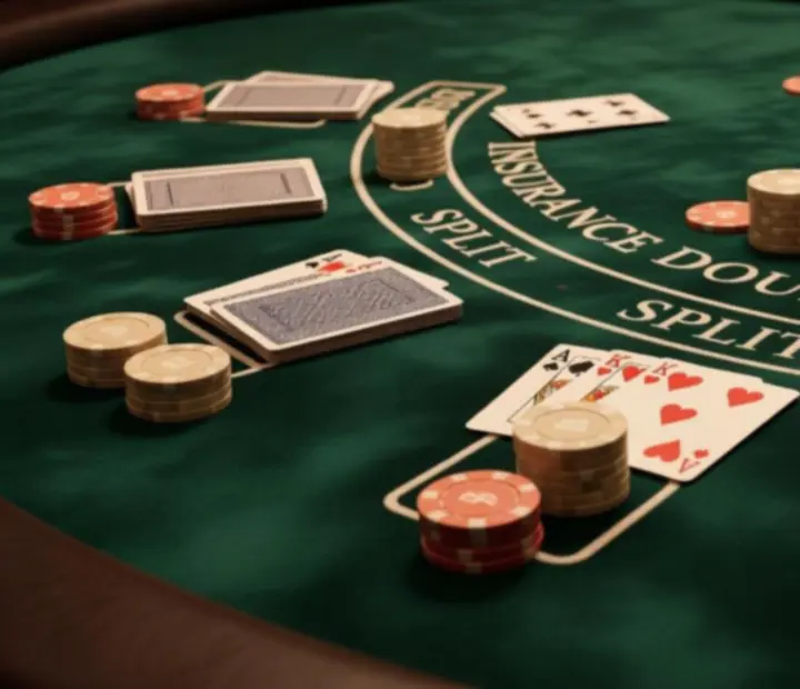 Detal stołu blackjacka z kartami i żetonami