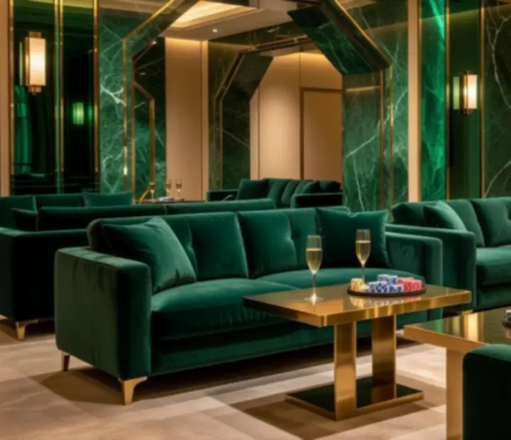 Kasynowa scenografia z velvetowymi fotelami i champagne oświetleniem