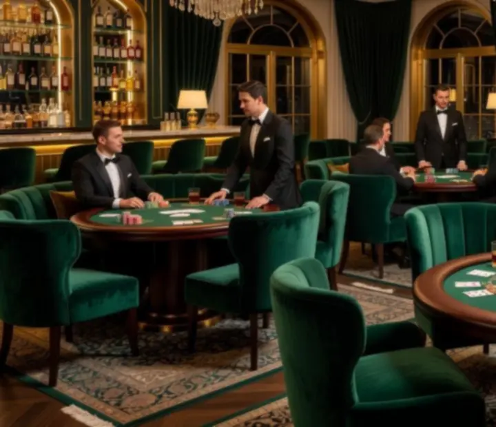 Strefa casino z hostami, kartami i żetonami podczas eleganckiego eventu