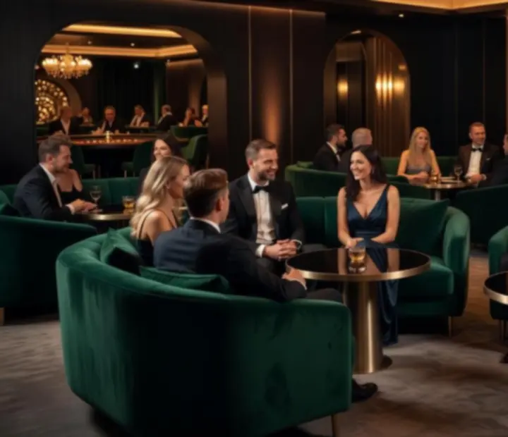 Casino Lounge z welurowymi sofami i stolikami koktajlowymi