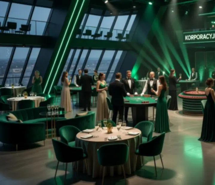 Ciemna szmaragdowa przestrzeń Corporate Casino Night z eleganckimi stołami kasynowymi i gośćmi przy pokerze, ruletce oraz blackjacku.