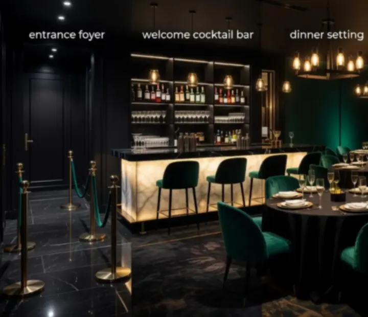 Kolaż scen wieczoru eventowego – wejście, kolacja, strefa casino i after party