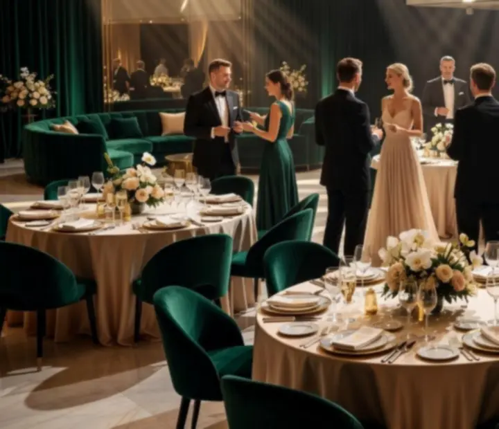 Elegancka gala firmowa w ciemno-szmaragdowej sali z oświetleniem teatralnym