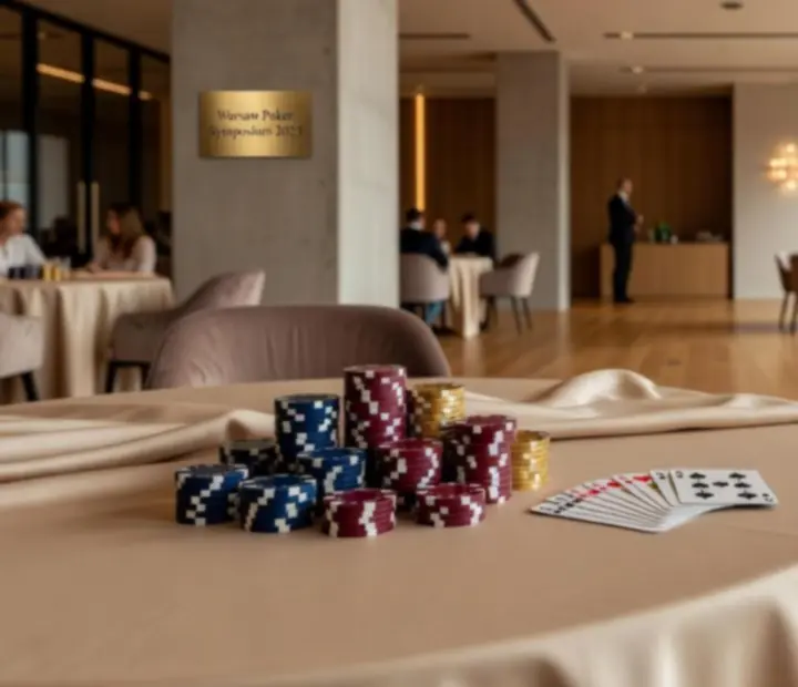 Elegancka scenografia casino z kartami, żetonami i dekoracjami w ciepłych barwach