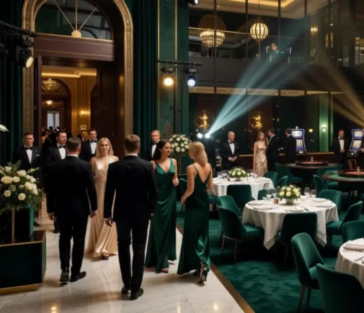 Kinowa scena Casino Night z eleganckimi gośćmi i stołami do gry