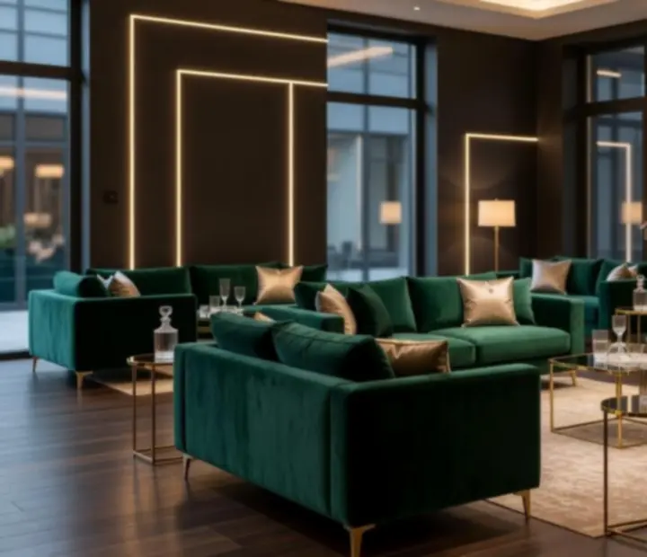 Luksusowa strefa lounge z velvetowymi kanapami i nastrojowym światłem