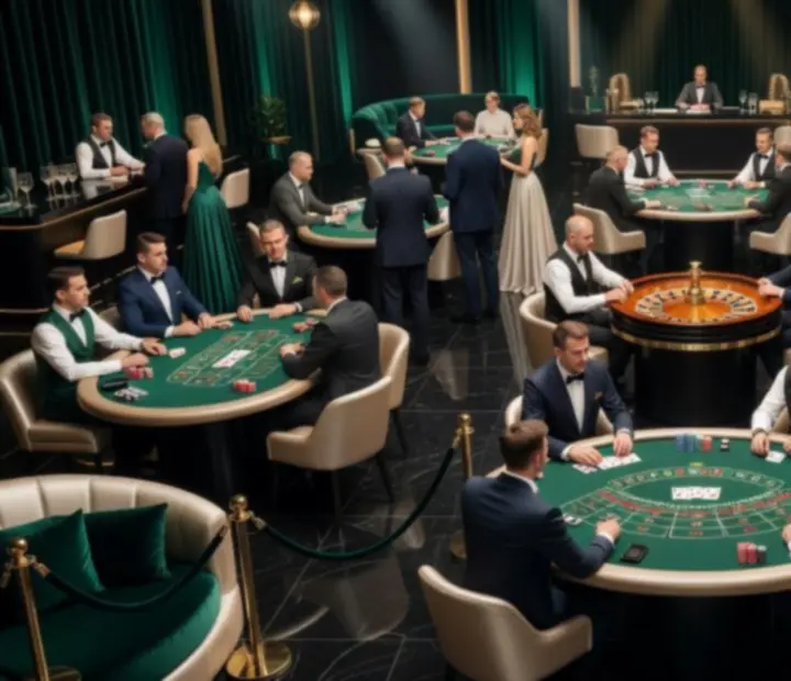Scena Casino Night z eleganckimi stołami do gry, kartami, żetonami i nastrojowym światłem