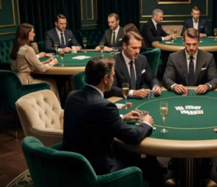 Kameralny salon pokerowy z dużym stołem do Texas Hold’em, kartami i żetonami w ciepłym świetle.