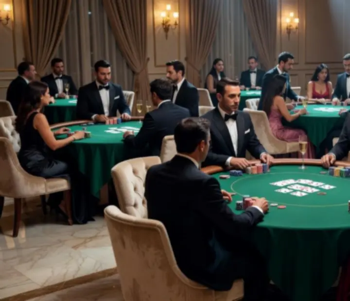 Strefa offline pokerowa z profesjonalnym stołem i gośćmi przy karcianej rozgrywce
