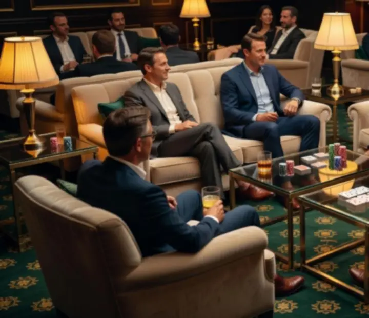 Poker Lounge z wygodnymi sofami, ciepłym oświetleniem i elegancką aranżacją w ciemnozielonej tonacji.