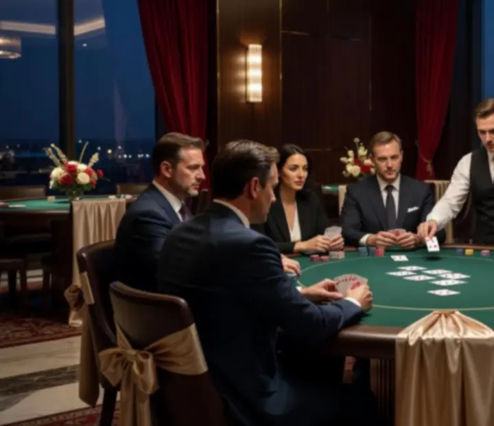 Przykładowa realizacja Poker Evening z eleganckimi stołami pokerowymi i gośćmi w wieczorowych stylizacjach.