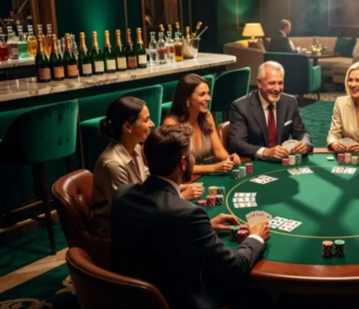 Pokerowa scena w ciemnozielonym salonie z eleganckimi meblami i miękkim, teatralnym oświetleniem.