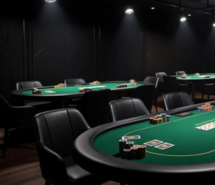 Salon pokerowy z eleganckimi stołami i żetonami