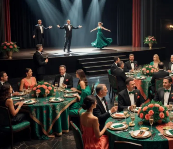 Bankiet w stylu sceny teatralnej z wydzieloną sceną, oświetleniem reflektorów i koktajlowym układem stołów.