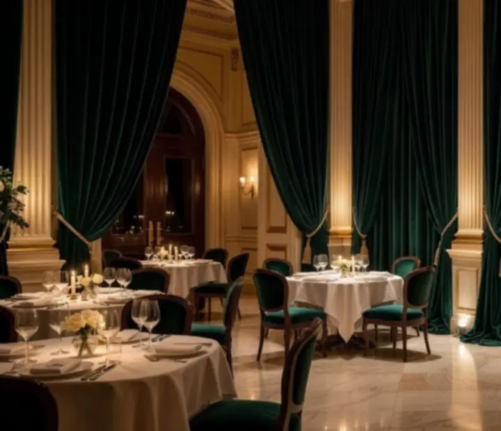 Ciemnozielone foyer premium z aksamitnymi zasłonami i stolikami eventowymi